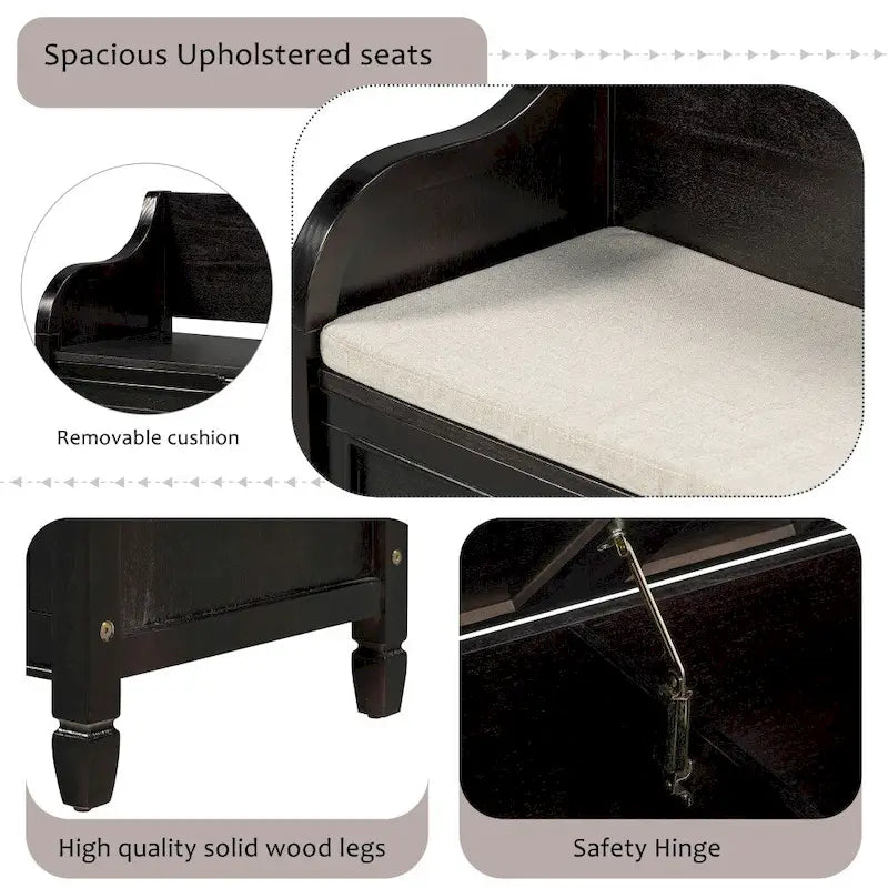 Banc de rangement multifonctionnel en bois massif de style rustique (42 pouces)