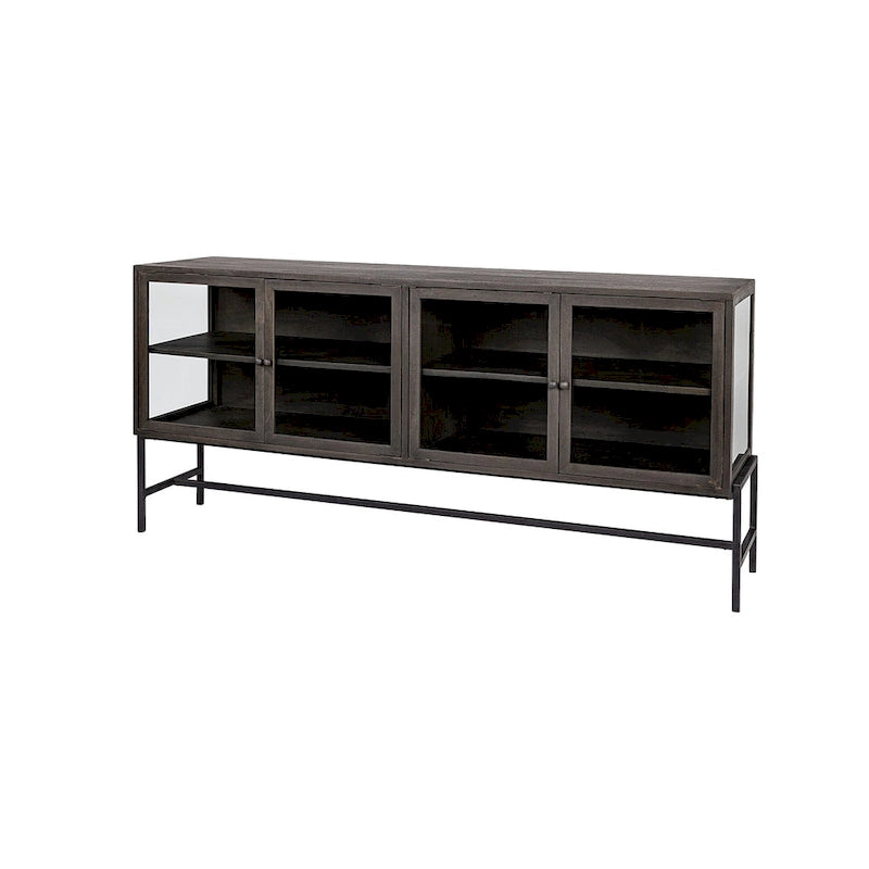 Buffet vitré Arelius marron clair avec piètement en métal noir, 4 portes - 70,0 cm (L) x 18,0 cm (l) x 32,0 cm (H)
