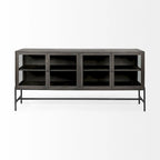 Buffet vitré Arelius marron clair avec piètement en métal noir, 4 portes - 70,0 cm (L) x 18,0 cm (l) x 32,0 cm (H)