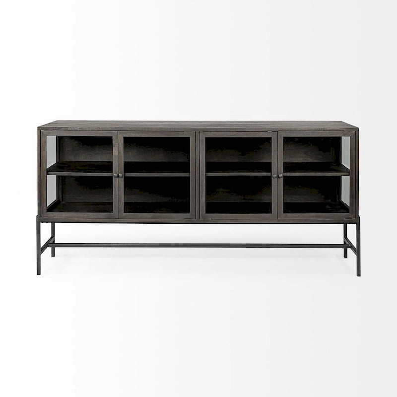 Buffet vitré Arelius marron clair avec piètement en métal noir, 4 portes - 70,0 cm (L) x 18,0 cm (l) x 32,0 cm (H)