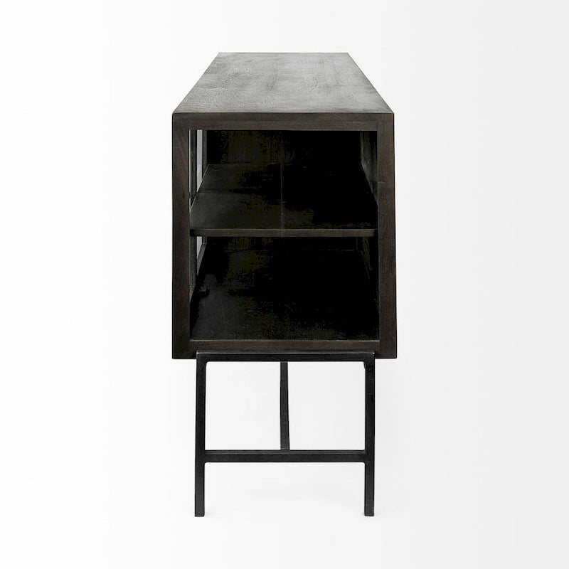 Buffet vitré Arelius marron clair avec piètement en métal noir, 4 portes - 70,0 cm (L) x 18,0 cm (l) x 32,0 cm (H)