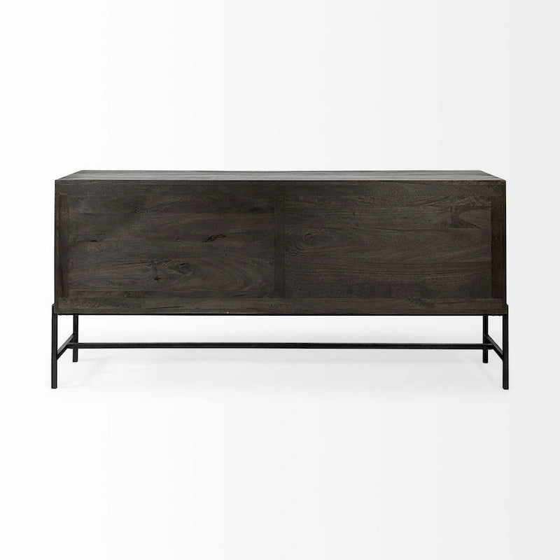 Buffet vitré Arelius marron clair avec piètement en métal noir, 4 portes - 70,0 cm (L) x 18,0 cm (l) x 32,0 cm (H)