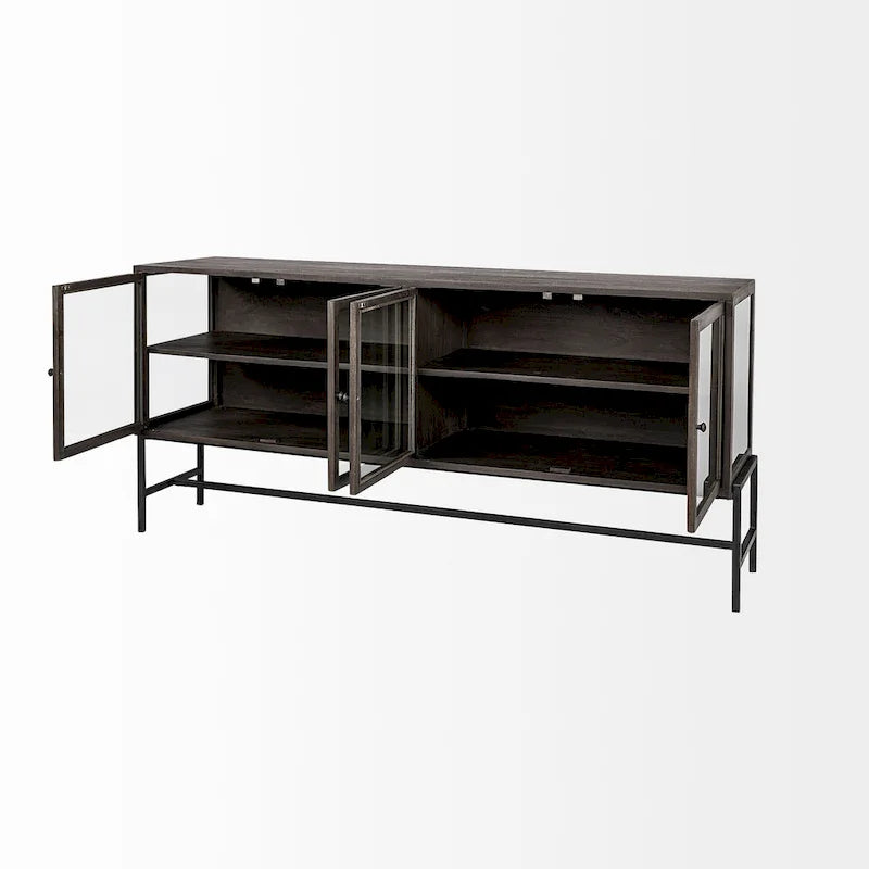 Buffet vitré Arelius marron clair avec piètement en métal noir, 4 portes - 70,0 cm (L) x 18,0 cm (l) x 32,0 cm (H)