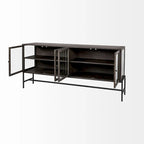 Buffet vitré Arelius marron clair avec piètement en métal noir, 4 portes - 70,0 cm (L) x 18,0 cm (l) x 32,0 cm (H)