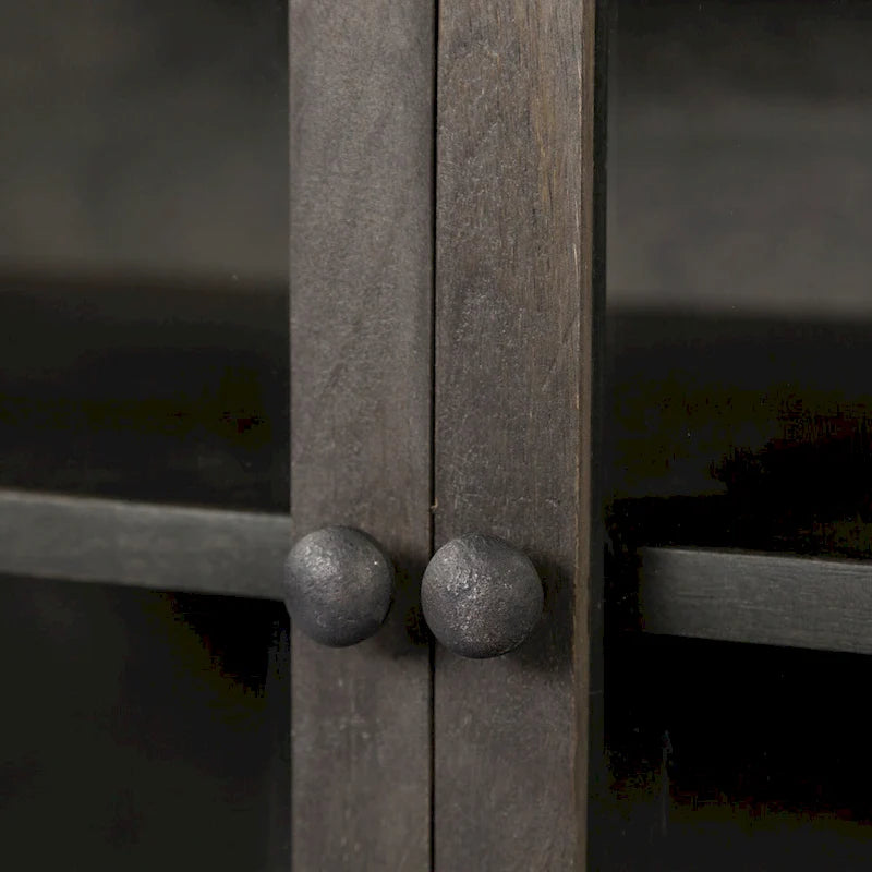 Buffet vitré Arelius marron clair avec piètement en métal noir, 4 portes - 70,0 cm (L) x 18,0 cm (l) x 32,0 cm (H)