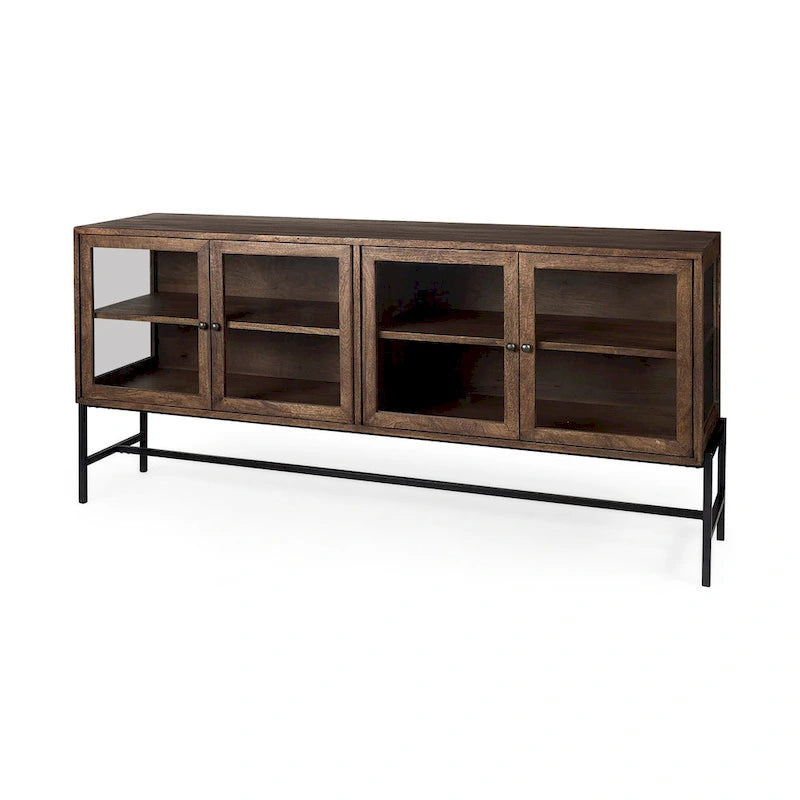 Buffet vitré Arelius marron clair avec piètement en métal noir, 4 portes - 70,0 cm (L) x 18,0 cm (l) x 32,0 cm (H)
