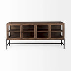 Buffet vitré Arelius marron clair avec piètement en métal noir, 4 portes - 70,0 cm (L) x 18,0 cm (l) x 32,0 cm (H)