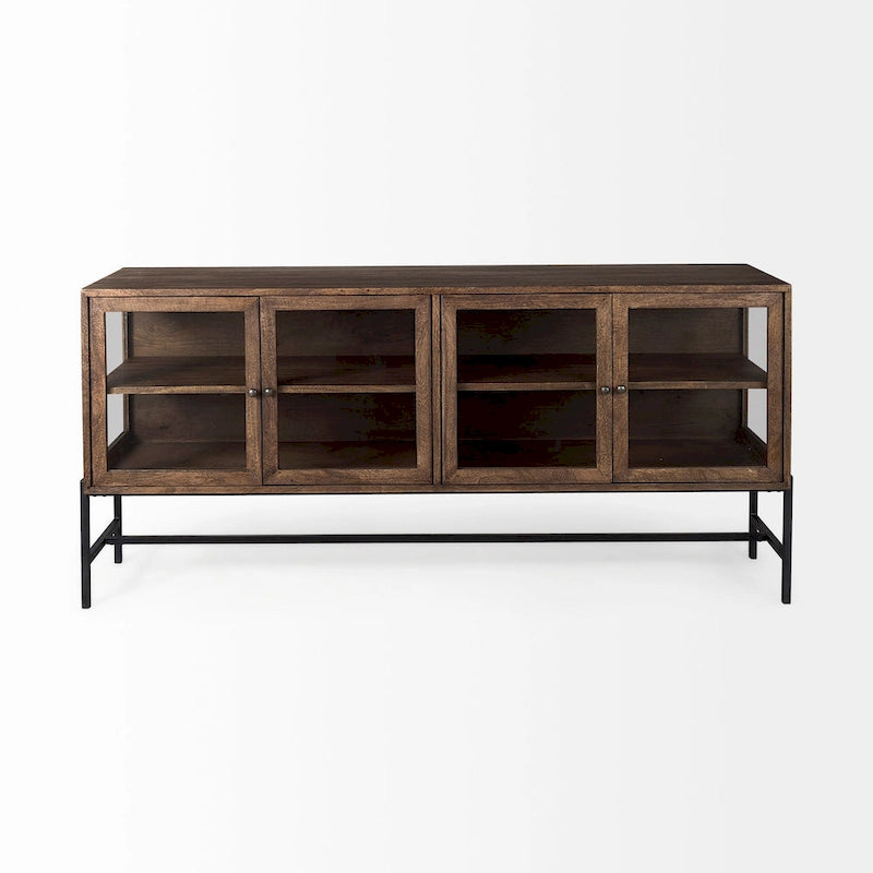 Buffet vitré Arelius marron clair avec piètement en métal noir, 4 portes - 70,0 cm (L) x 18,0 cm (l) x 32,0 cm (H)