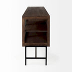 Buffet vitré Arelius marron clair avec piètement en métal noir, 4 portes - 70,0 cm (L) x 18,0 cm (l) x 32,0 cm (H)