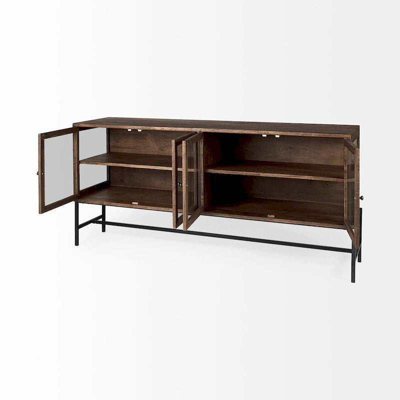 Buffet vitré Arelius marron clair avec piètement en métal noir, 4 portes - 70,0 cm (L) x 18,0 cm (l) x 32,0 cm (H)