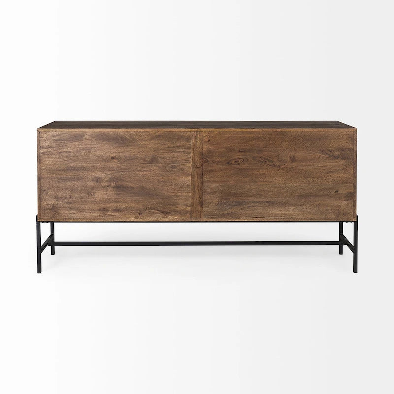 Buffet vitré Arelius marron clair avec piètement en métal noir, 4 portes - 70,0 cm (L) x 18,0 cm (l) x 32,0 cm (H)
