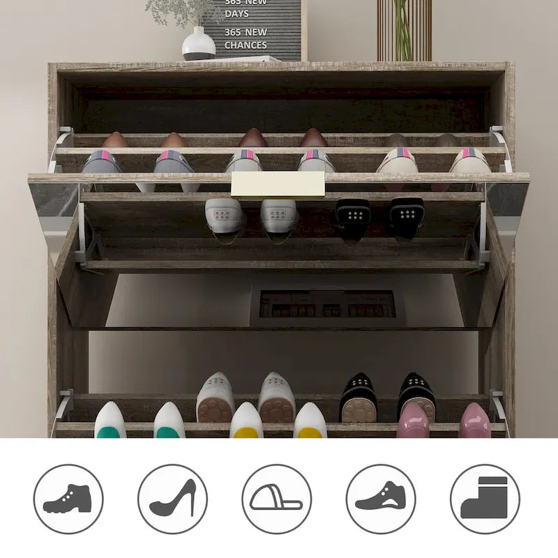 Meuble à chaussures Timechee avec 3 tiroirs à miroirs rabattables, modèle mince autoportant