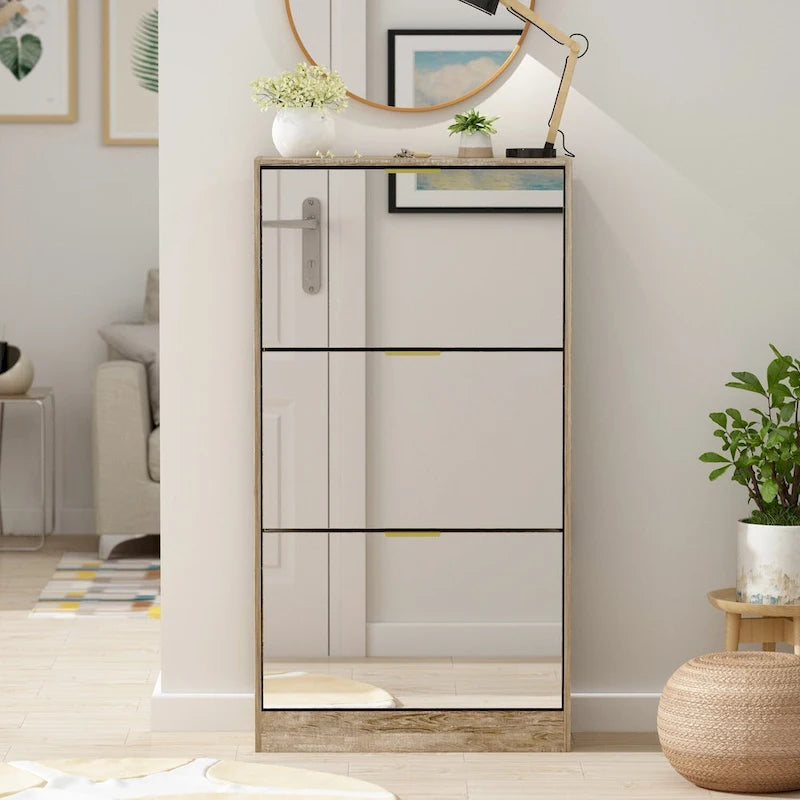 Meuble à chaussures Timechee avec 3 tiroirs à miroirs rabattables, modèle mince autoportant