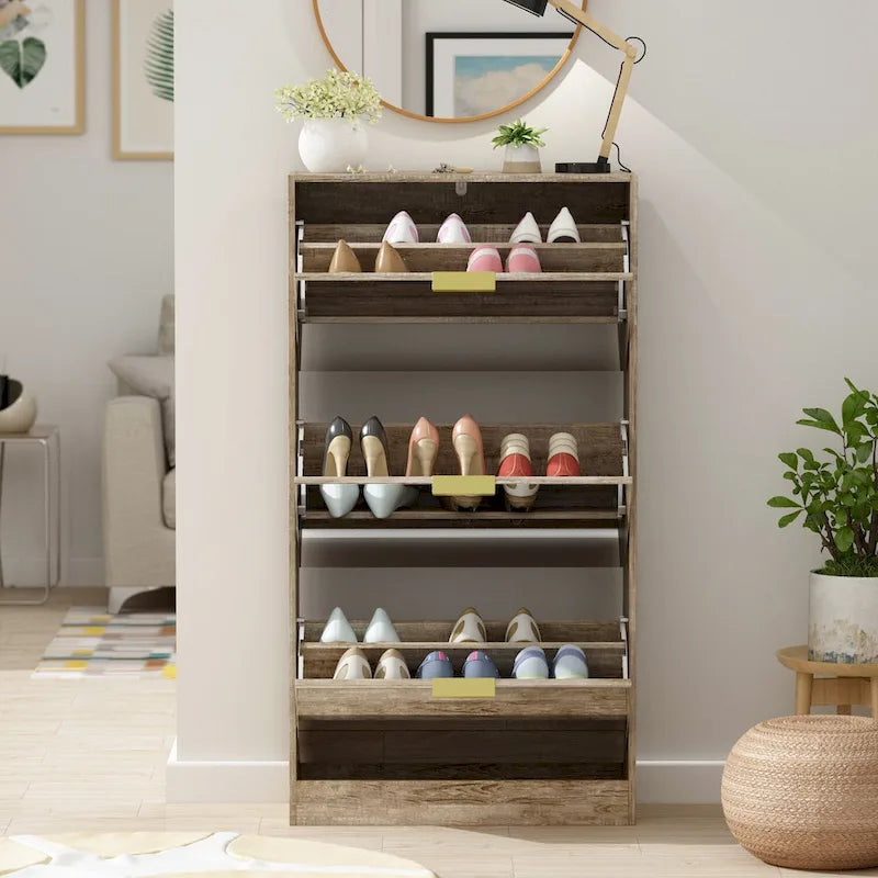 Meuble à chaussures Timechee avec 3 tiroirs à miroirs rabattables, modèle mince autoportant