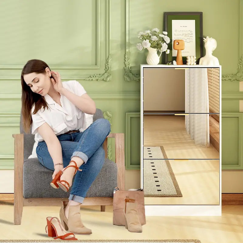 Meuble à chaussures Timechee avec 3 tiroirs à miroirs rabattables, modèle mince autoportant