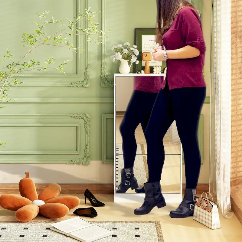 Meuble à chaussures Timechee avec 3 tiroirs à miroirs rabattables, modèle mince autoportant