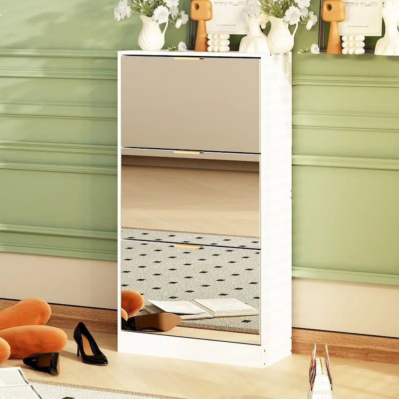Meuble à chaussures Timechee avec 3 tiroirs à miroirs rabattables, modèle mince autoportant