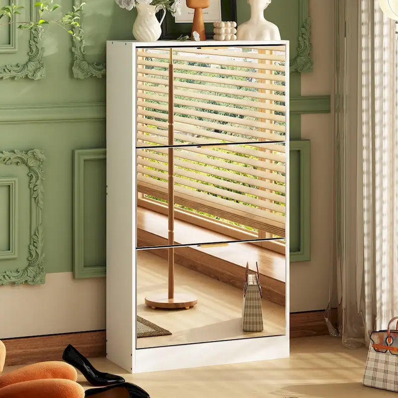 Meuble à chaussures Timechee avec 3 tiroirs à miroirs rabattables, modèle mince autoportant