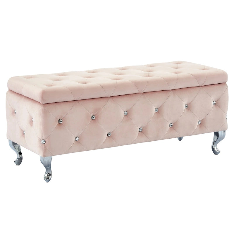 Banc de rangement Monique en velours orné de cristaux, couleur rose poudré
