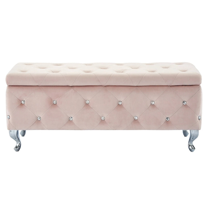 Banc de rangement Monique en velours orné de cristaux, couleur rose poudré