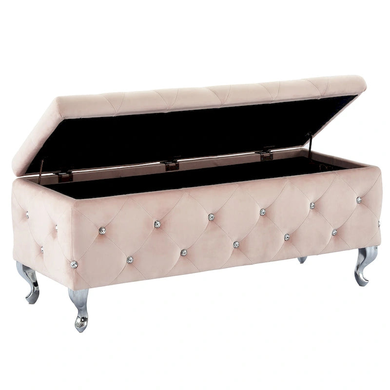 Banc de rangement Monique en velours orné de cristaux, couleur rose poudré