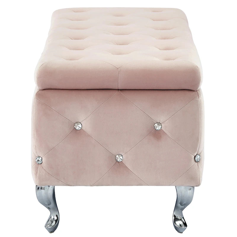 Banc de rangement Monique en velours orné de cristaux, couleur rose poudré