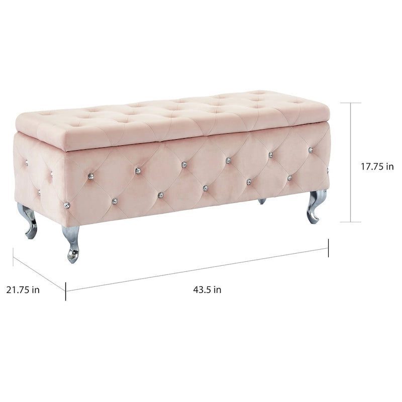 Banc de rangement Monique en velours orné de cristaux, couleur rose poudré