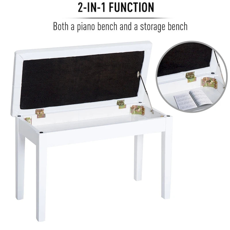 Banc de piano 2 places HOMCOM traditionnel de style campagnard, rembourré en similicuir et bois de bouleau - Blanc
