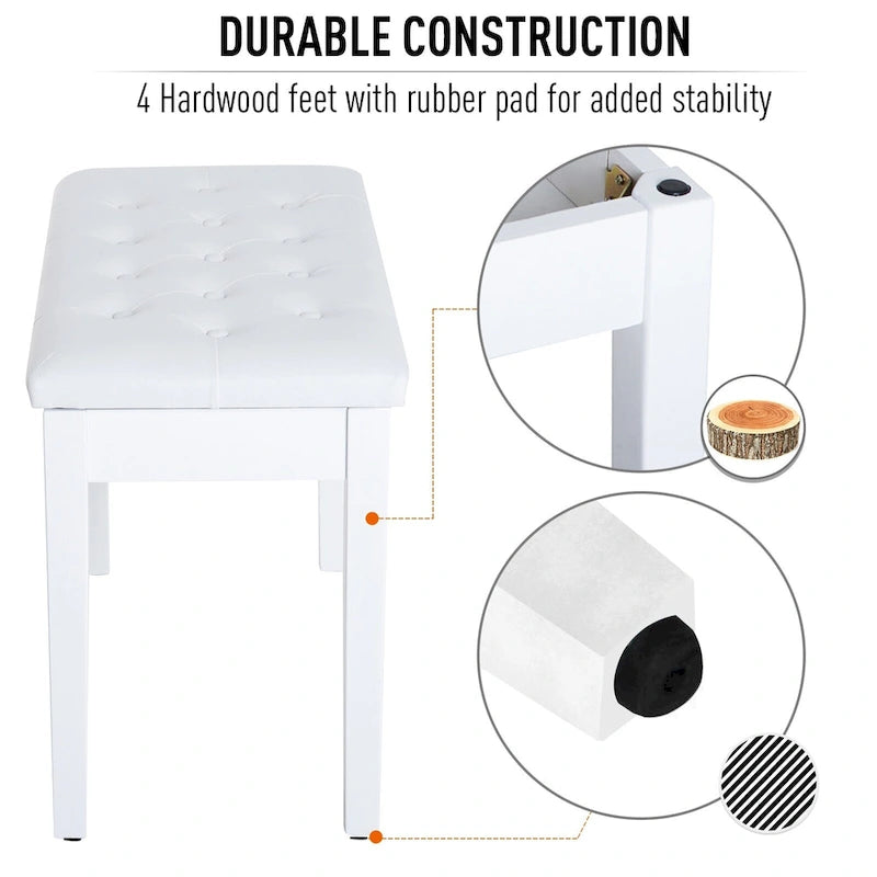 Banc de piano 2 places HOMCOM traditionnel de style campagnard, rembourré en similicuir et bois de bouleau - Blanc