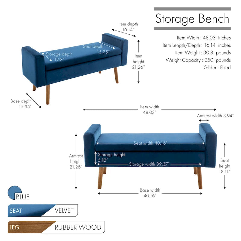 Banc de rangement en velours Brynn de Porthos Home avec pieds en bois d'hévéa