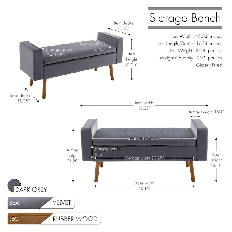 Banc de rangement en velours Brynn de Porthos Home avec pieds en bois d'hévéa