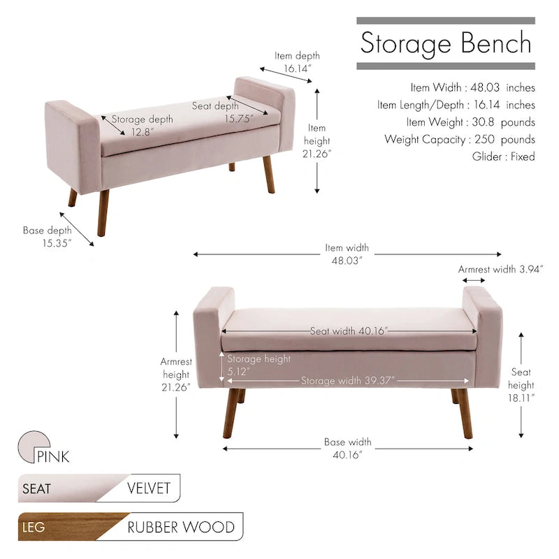 Banc de rangement en velours Brynn de Porthos Home avec pieds en bois d'hévéa