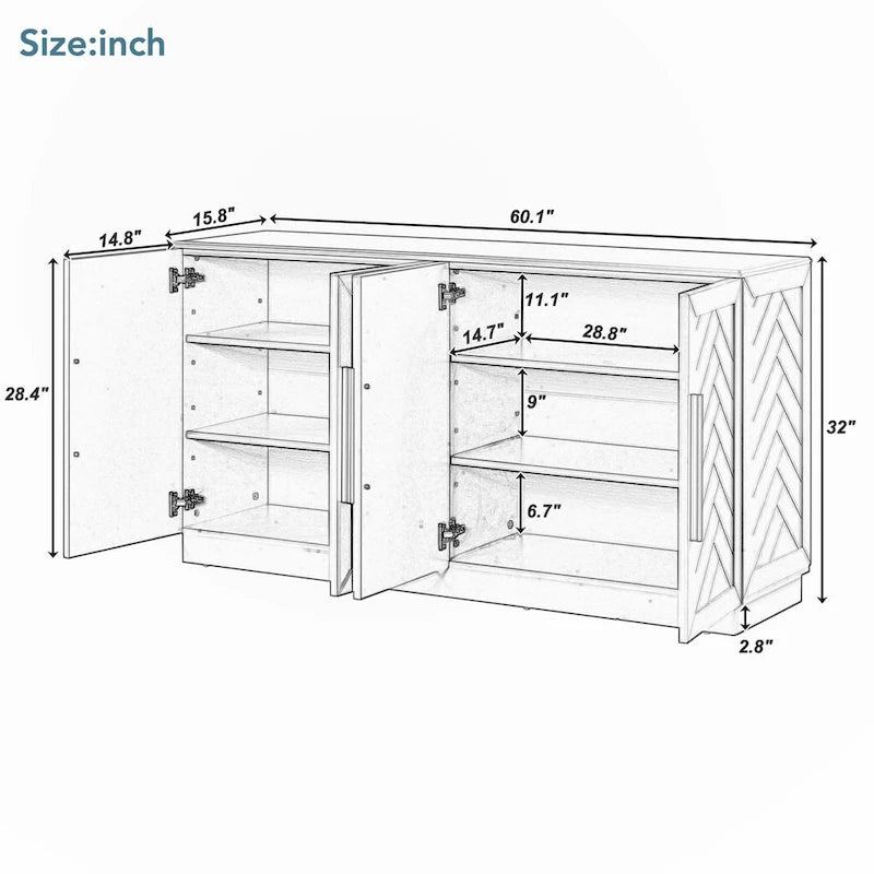 Buffet à 4 portes, grand espace de rangement avec étagères réglables