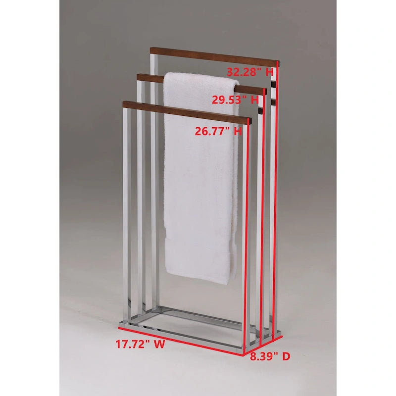 Porte-serviettes sur pied en métal chromé et bois de noyer