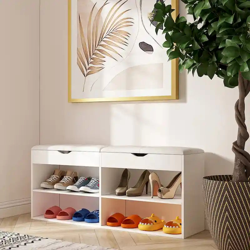 Wood Shoe Storage Bench with Cushion Seat Entryway Shoe Rack Bench