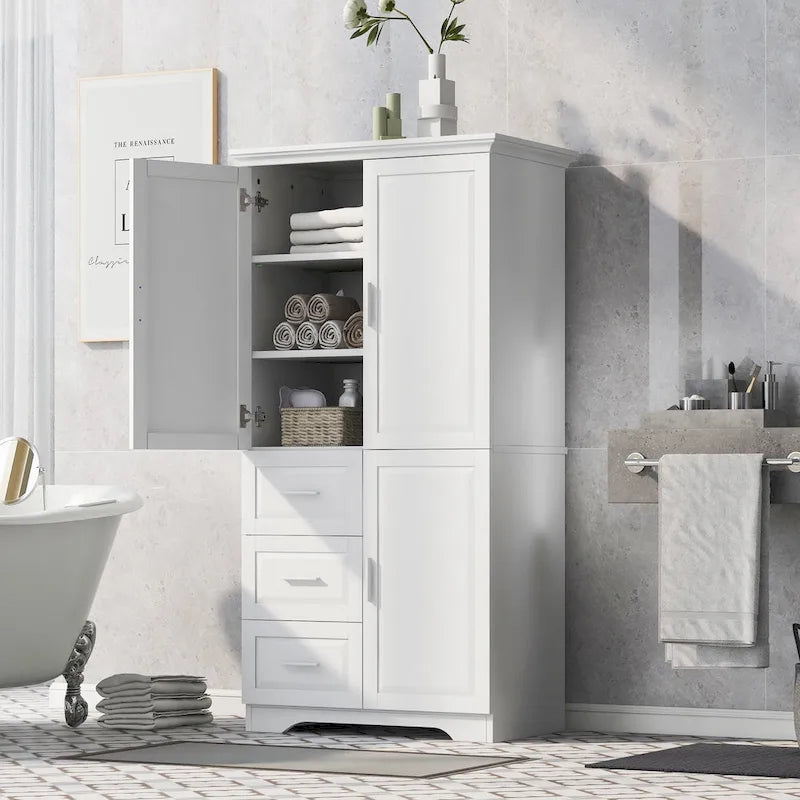 Armoire de rangement haute pour salle de bain avec portes et trois tiroirs