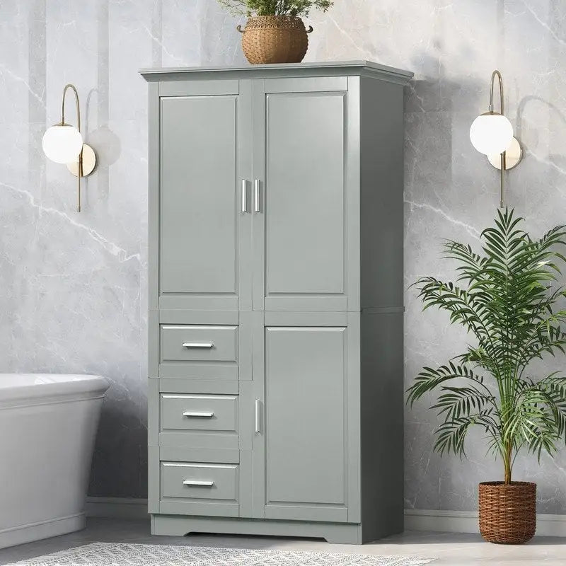 Armoire de rangement haute pour salle de bain avec portes et trois tiroirs