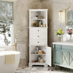 White Triangle Tall Cabinet with 3 Drawers and Adjustable Shelves for Bathroom, MDF Board with Painted Finish