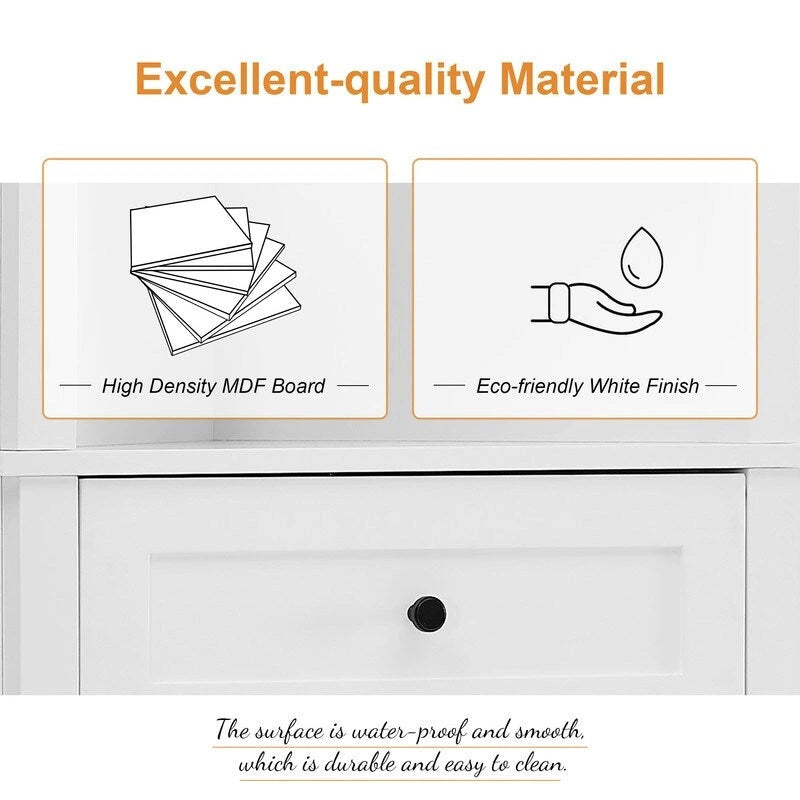 Armoire haute triangulaire blanche avec 3 tiroirs et étagères réglables pour salle de bain, panneau MDF finition peinte