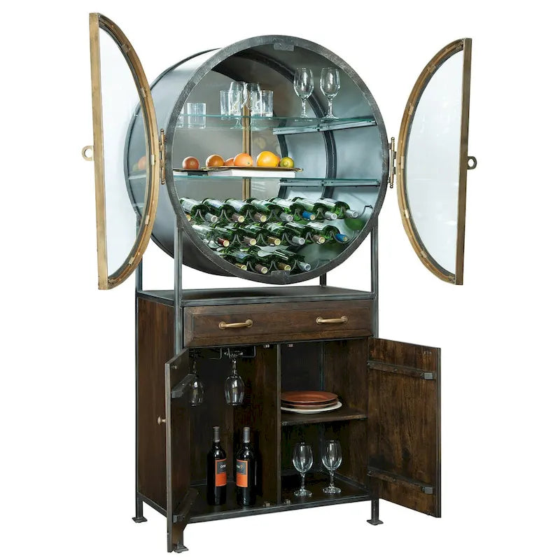 Meuble bar et cave à vin en bois brun et métal gris, par Howard Miller