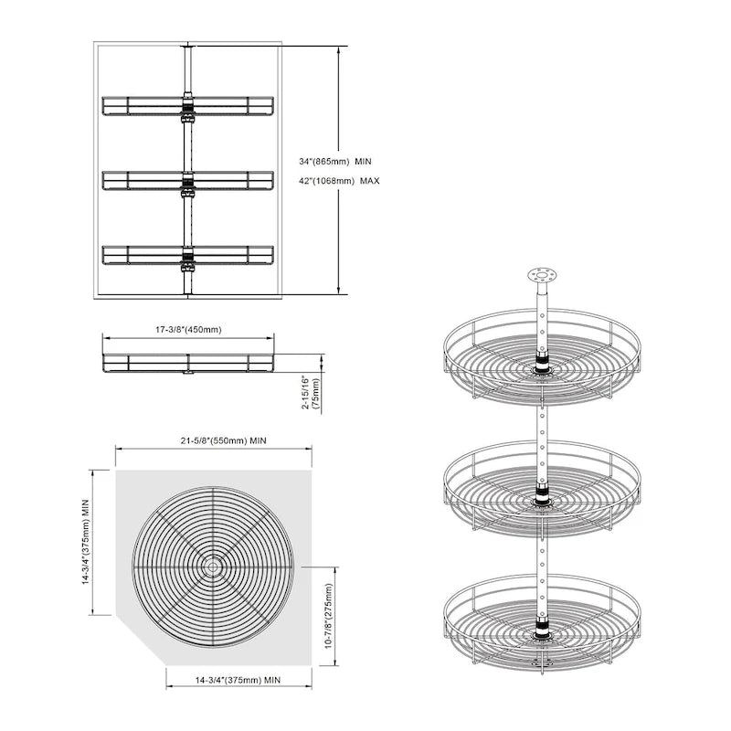 Plateau tournant Dowell Lazy Susan de 45,7 cm de diamètre - Triple étagère à 360° en acier inoxydable