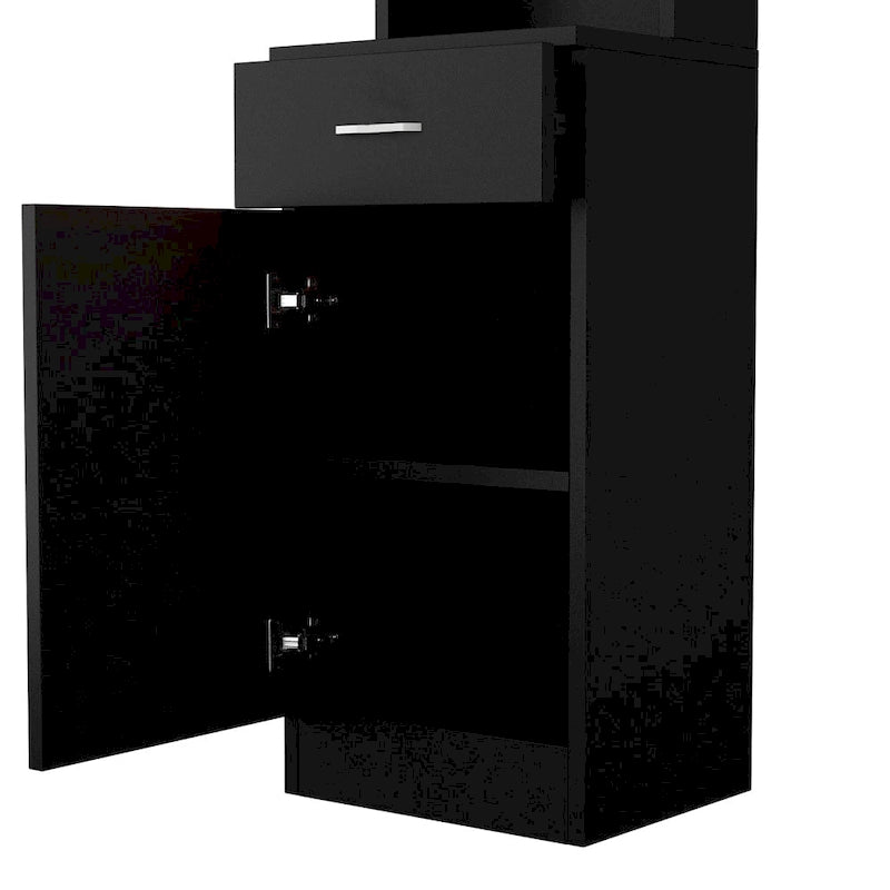 Meuble de coiffure vertical en MDF noir, 5 compartiments, 1 tiroir, 1 porte