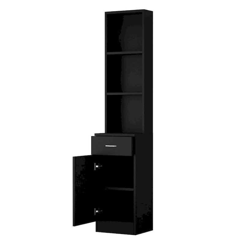 Meuble de coiffure vertical en MDF noir, 5 compartiments, 1 tiroir, 1 porte