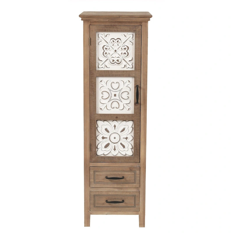 Meuble de rangement étroit en bois blanc et brun, 2 tiroirs et 1 porte - Hauteur : 48,3 cm