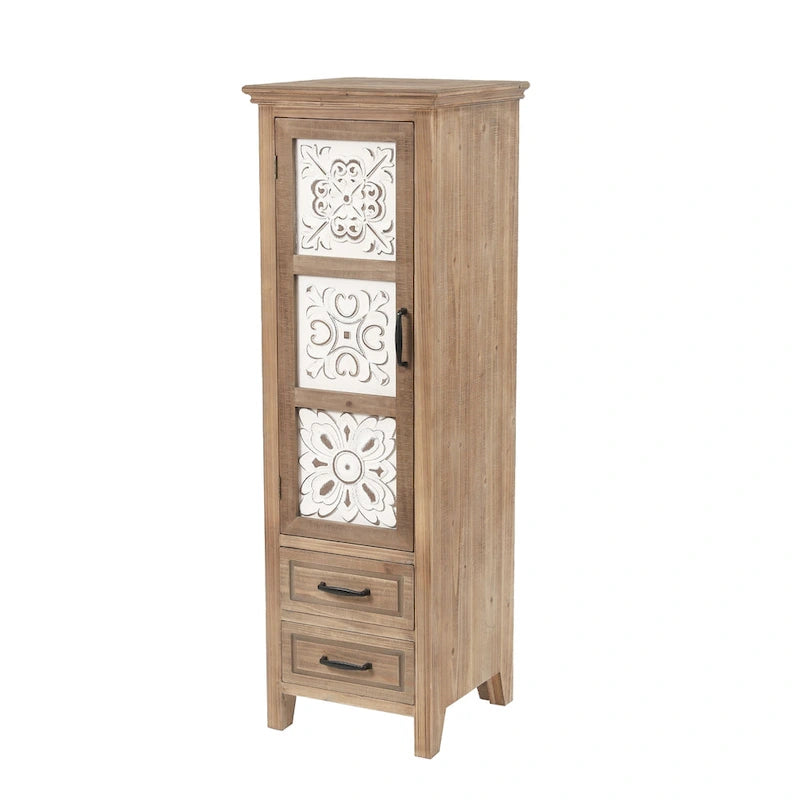 Meuble de rangement étroit en bois blanc et brun, 2 tiroirs et 1 porte - Hauteur : 48,3 cm