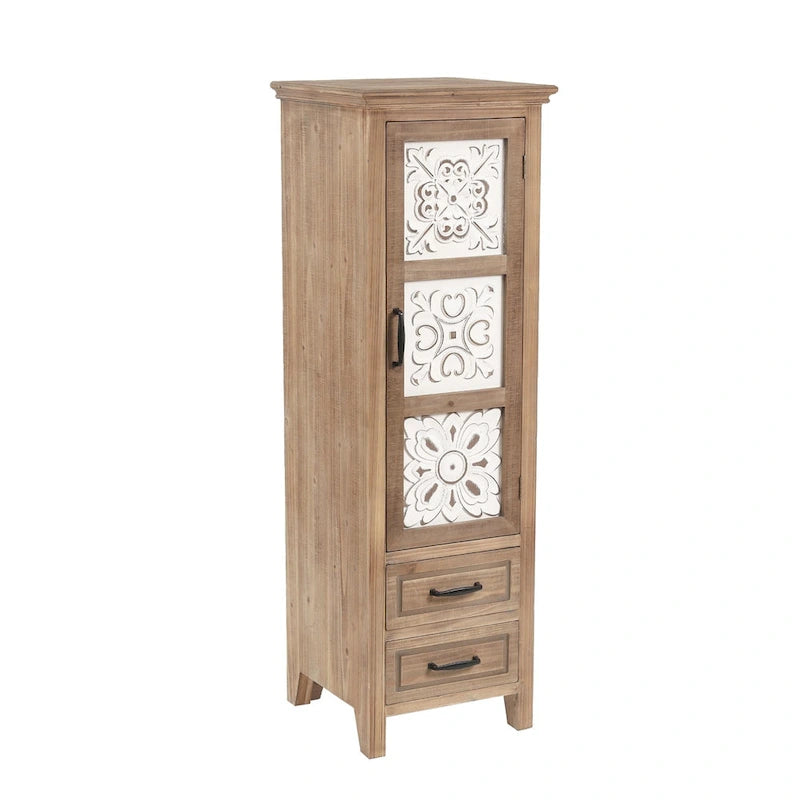 Meuble de rangement étroit en bois blanc et brun, 2 tiroirs et 1 porte - Hauteur : 48,3 cm