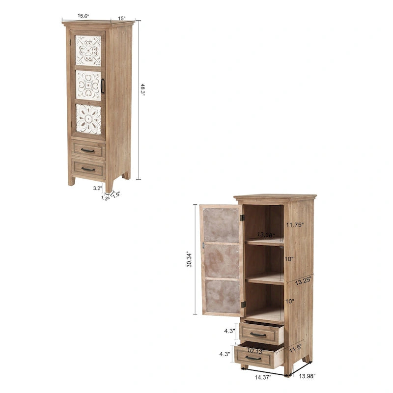 Meuble de rangement étroit en bois blanc et brun, 2 tiroirs et 1 porte - Hauteur : 48,3 cm