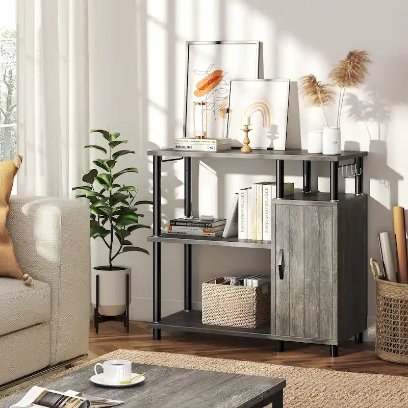 Îlot de cuisine à 4 niveaux avec support pour four à micro-ondes et crochets - 90 cm de largeur