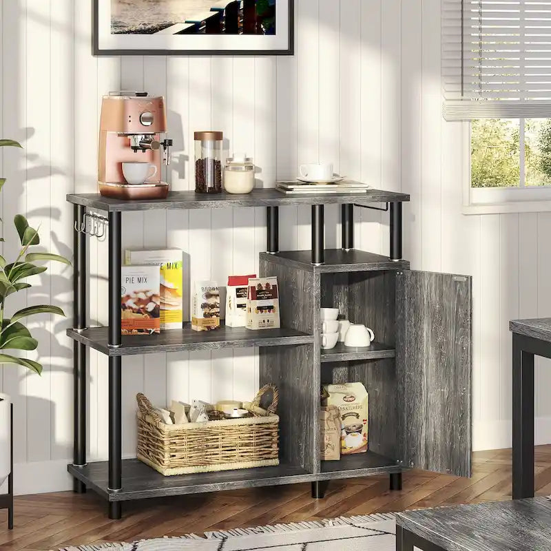 Îlot de cuisine à 4 niveaux avec support pour four à micro-ondes et crochets - 90 cm de largeur