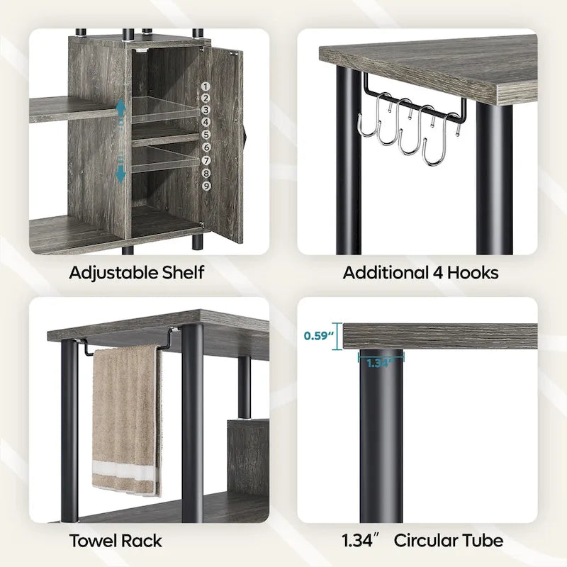 Îlot de cuisine à 4 niveaux avec support pour four à micro-ondes et crochets - 90 cm de largeur